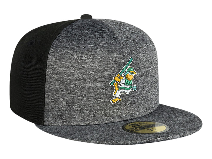 Gorra de béisbol New Era en color gris jaspeado y negro con bordado de mascota deportiva en el frente.