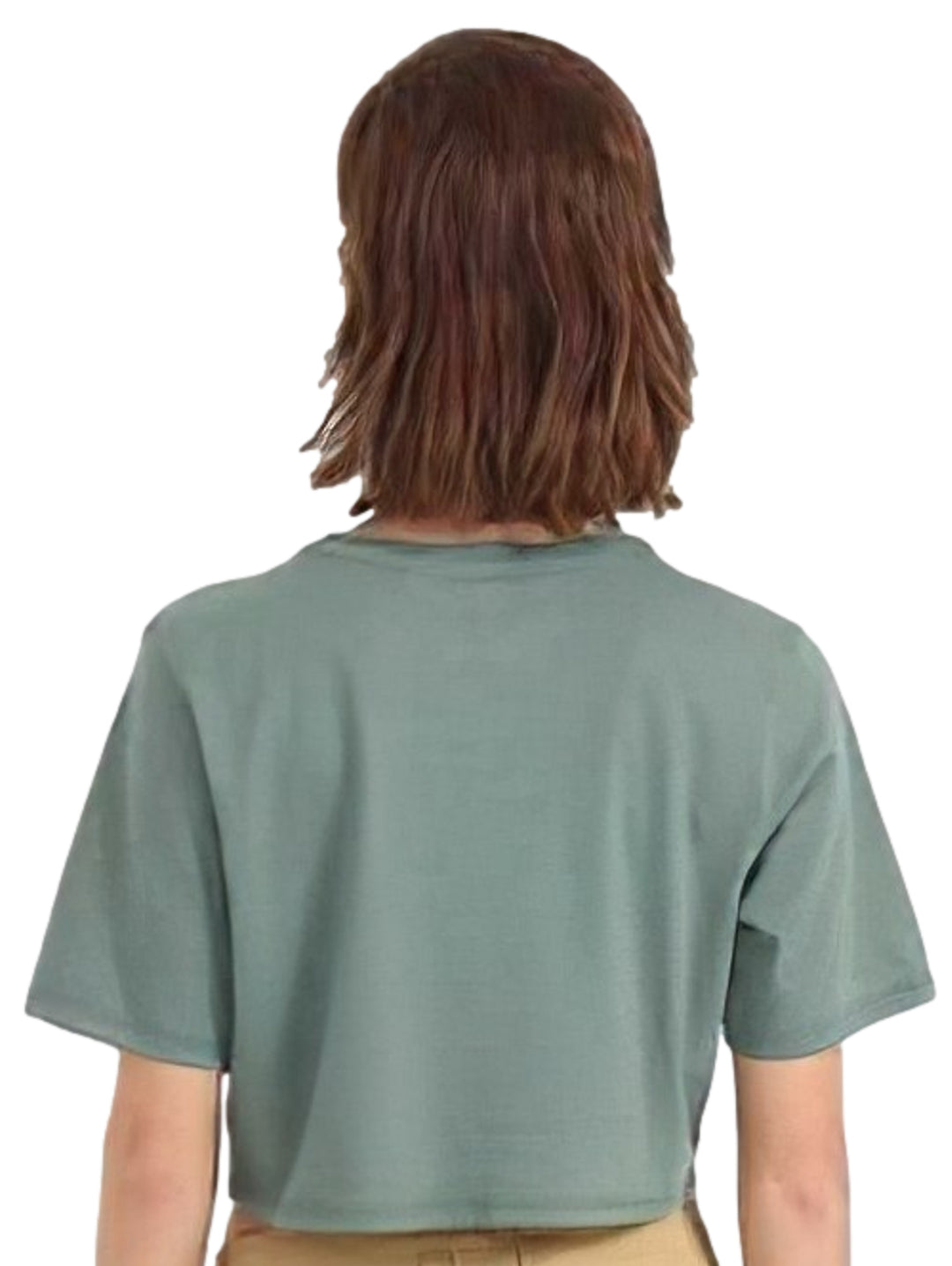 Camiseta crop top de manga corta color verde oscuro con logotipo de VANS en el pecho.
