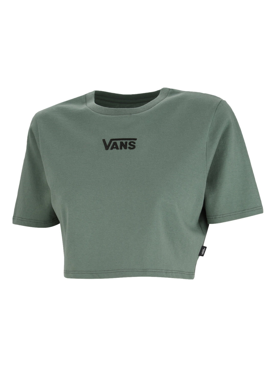 Camiseta crop top de manga corta color verde oscuro con logotipo de VANS en el pecho.