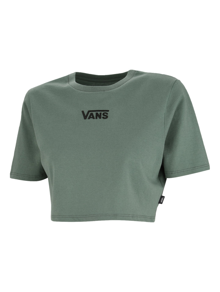 Camiseta crop top de manga corta color verde oscuro con logotipo de VANS en el pecho.