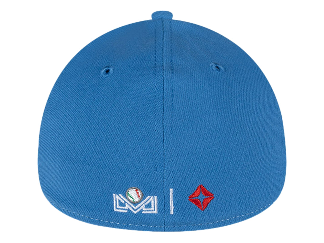 Gorra de béisbol New Era bicolor en blanco y azul con logotipo bordado al frente.