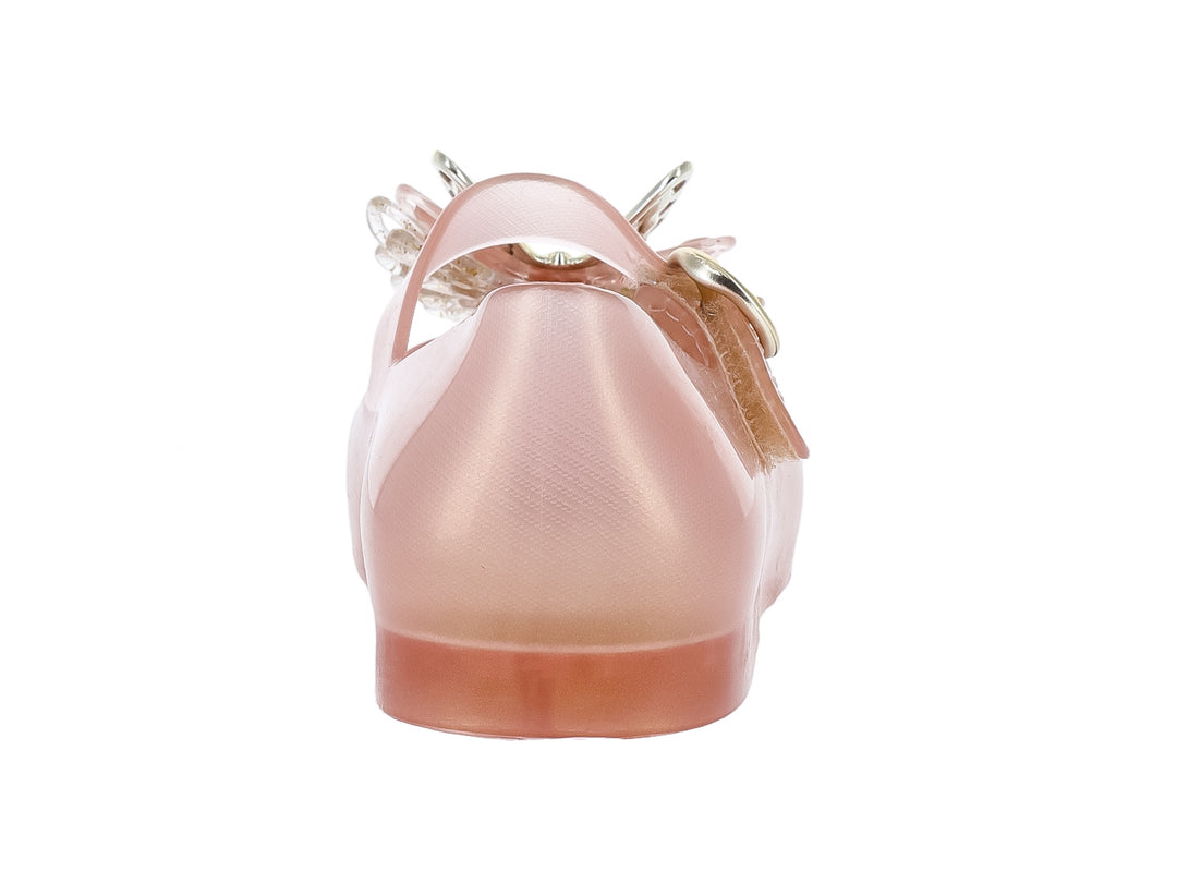 Zapato Mini Melissa color oro con correa y adorno de mariposa brillante en la punta para Niña.