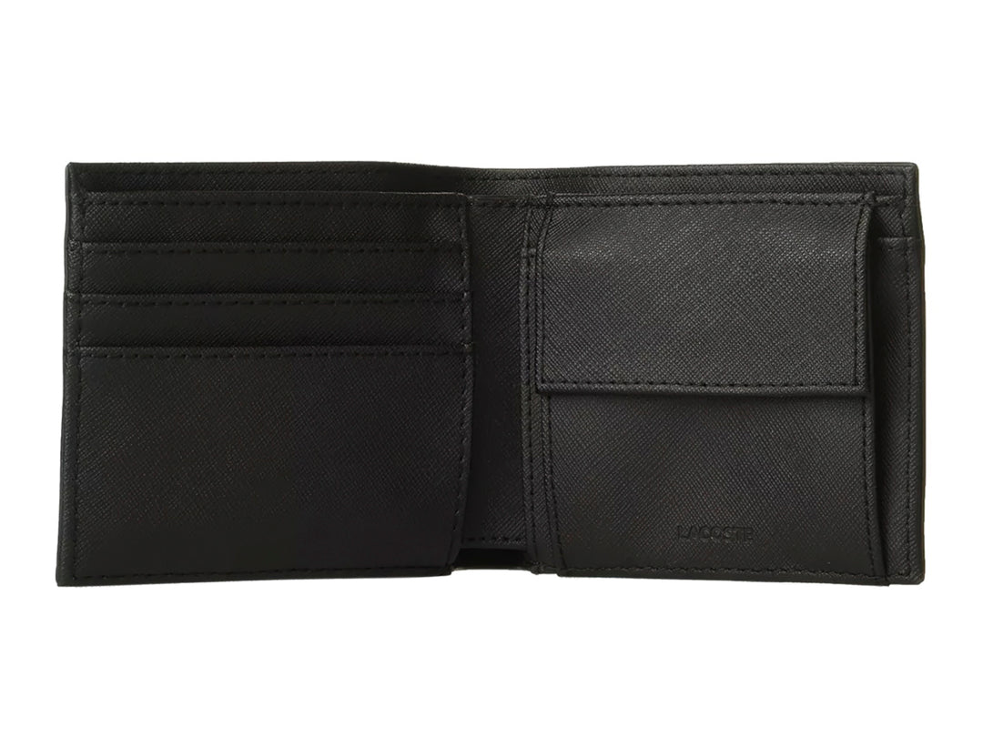 Cartera Lacoste negra de cuero texturizado con logotipo grabado en la esquina inferior.