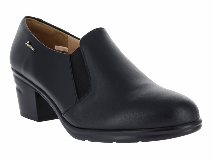Zapato negro de tacón cuadrado y punta redondeada para mujer, estilo clásico y formal.