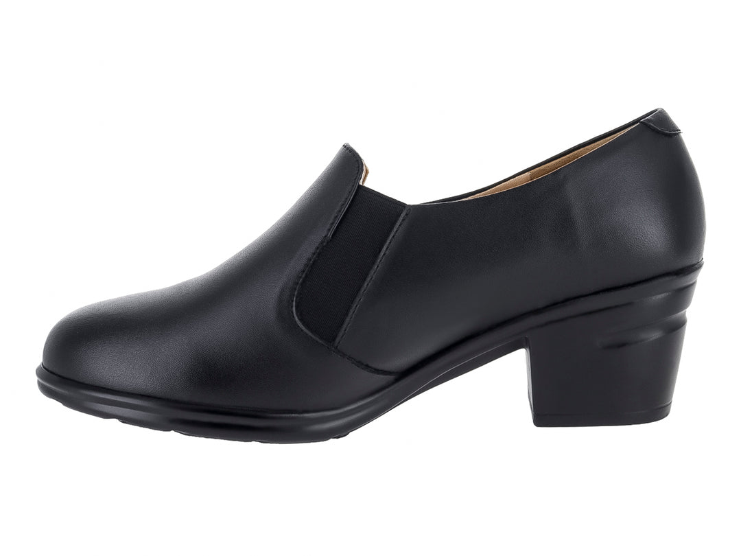 Zapato negro de tacón cuadrado y punta redondeada para mujer, estilo clásico y formal.