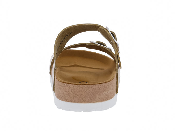 Sandalias color oro rosado con dos correas, hebillas blancas y suela blanca.