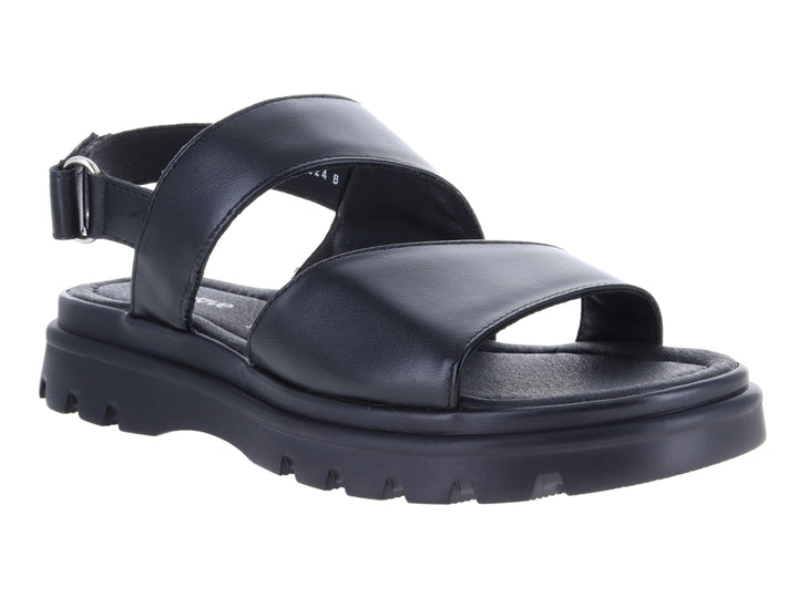 Sandalia negra de plataforma con correas cruzadas y suela track para mujer.