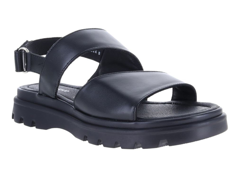 Sandalia negra de plataforma con correas cruzadas y suela track para mujer.