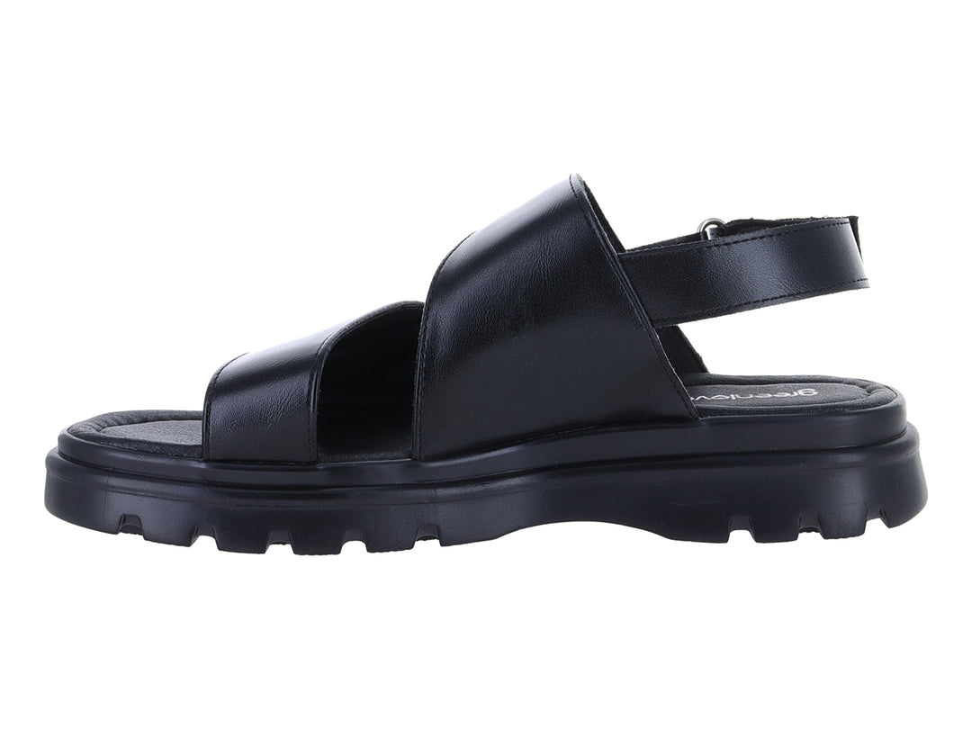 Sandalia negra de plataforma con correas cruzadas y suela track para mujer.