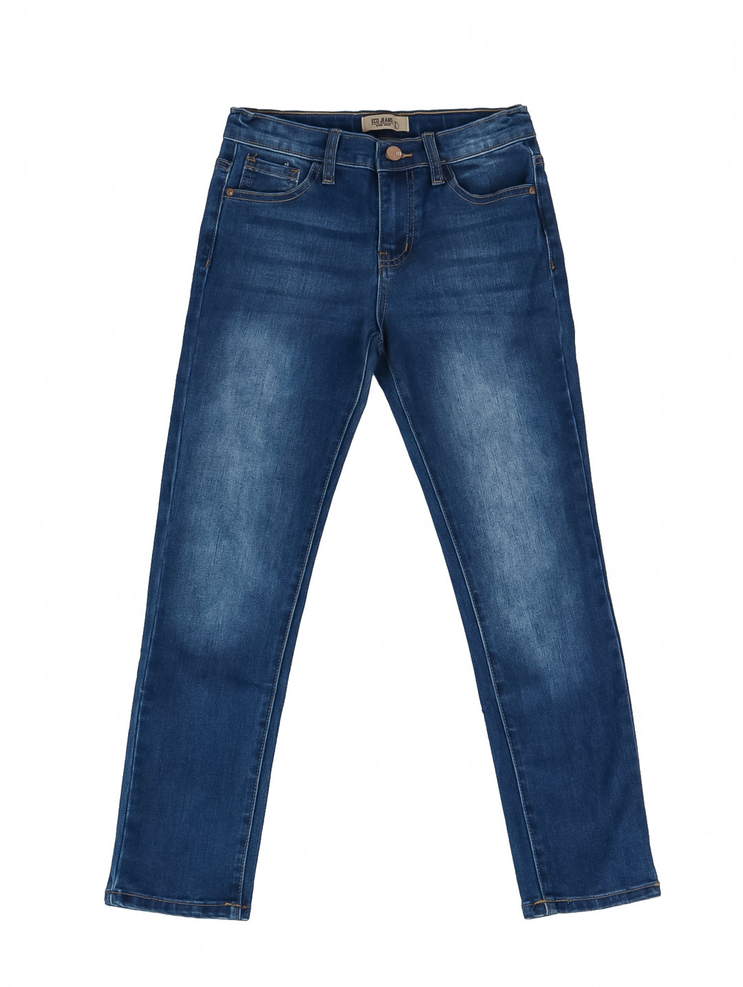 Pantalones jeans para niño en color azul denim medio con efecto de lavado ligero.