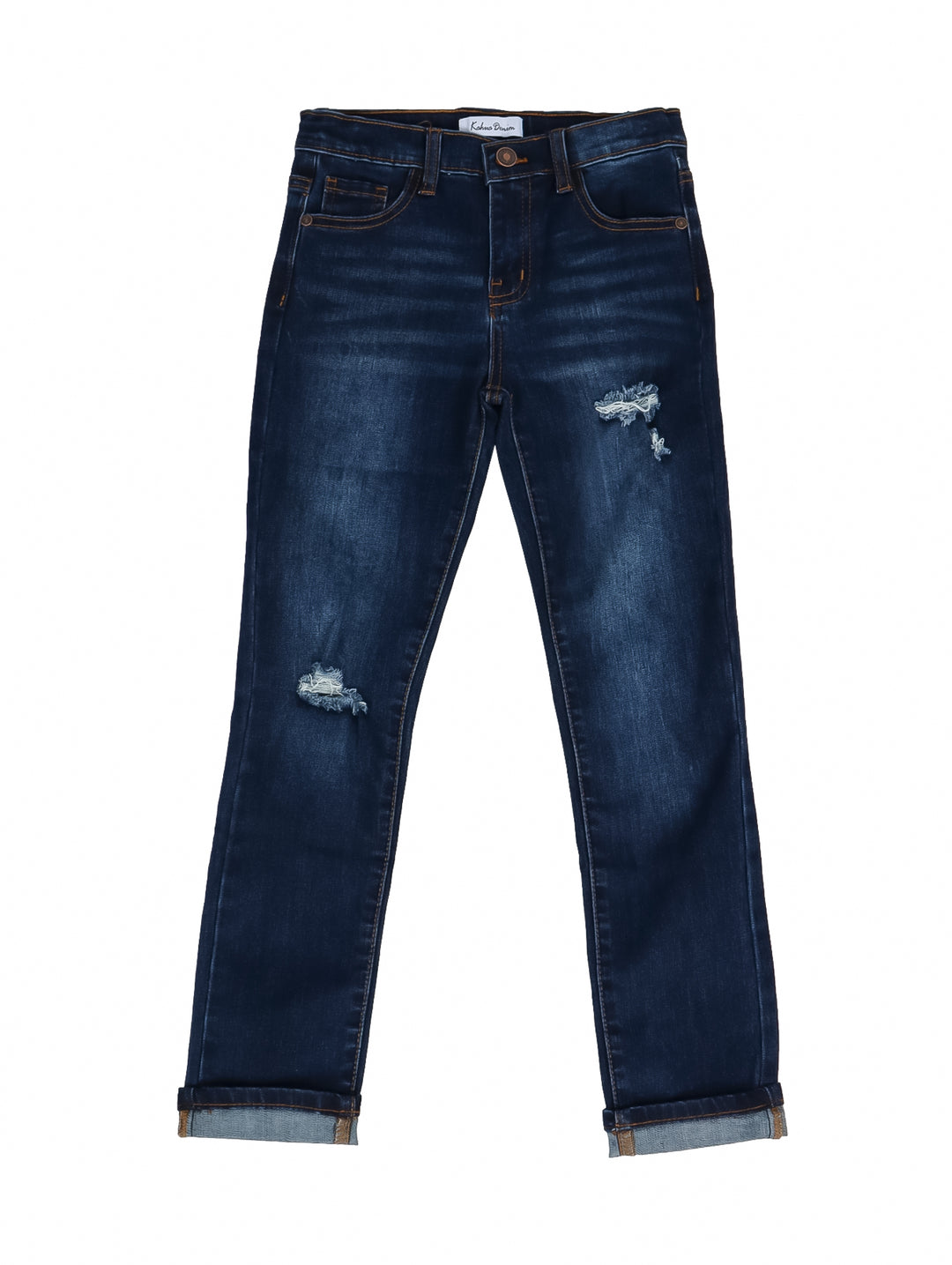 Pantalones jeans para niño en color azul denim medio con detalles de desgaste y roturas decorativas.
