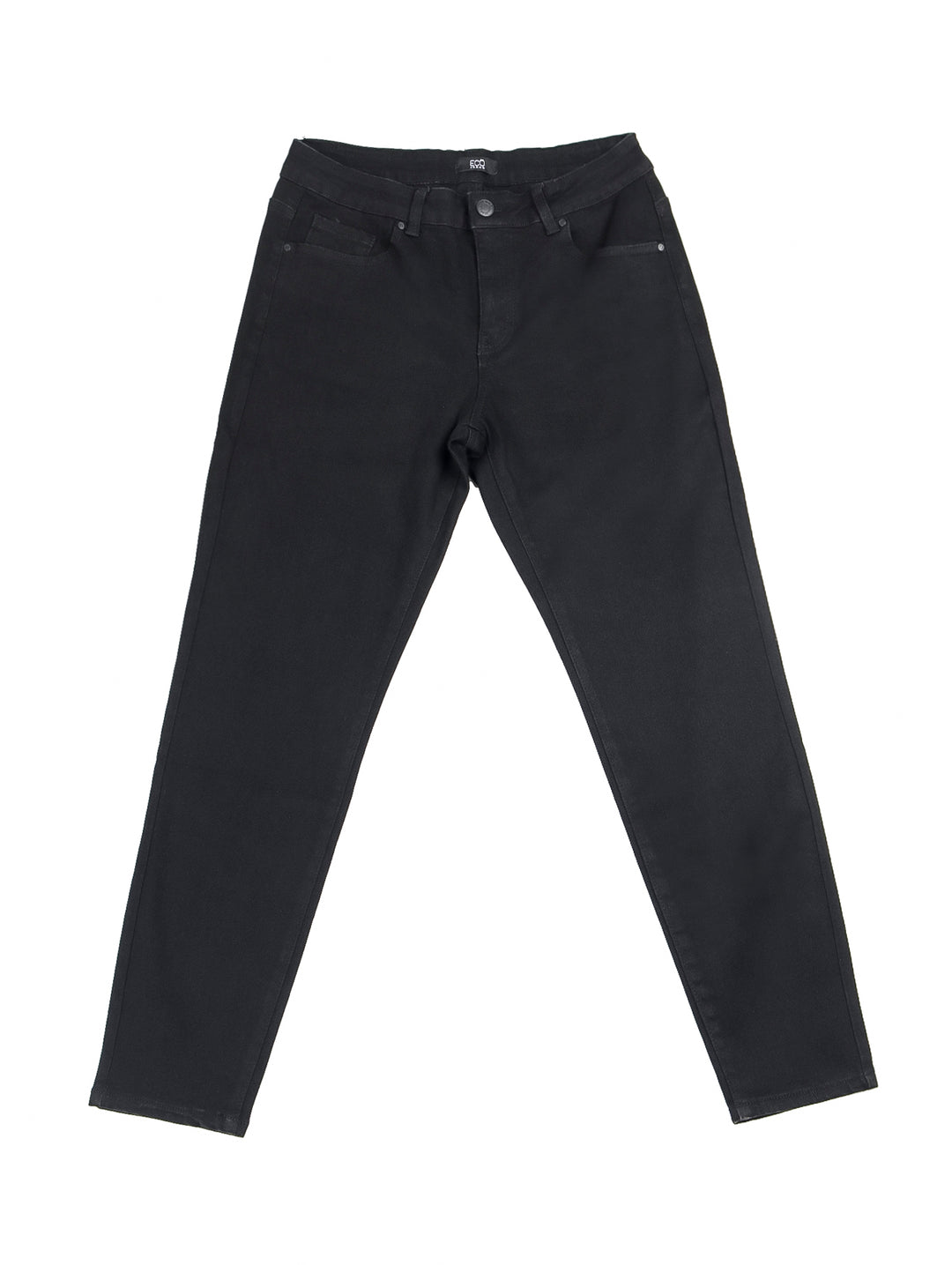 Pantalones jeans negros estilo curvy skinny ajustados.