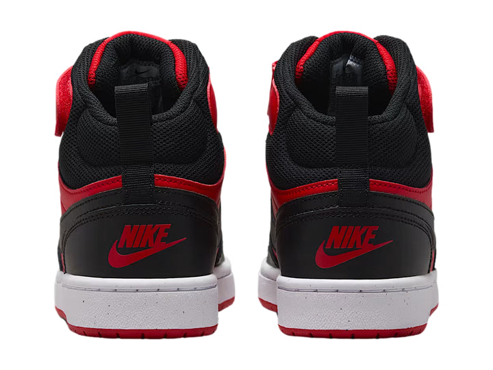 Tenis Nike Court Borough Mid 2 en colores rojo y negro con suela blanca y correa en el tobillo.