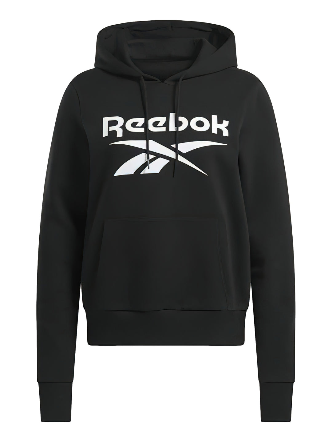 Sudadera con capucha color negro de la marca Reebok con logotipo grande en color blanco en el pecho.