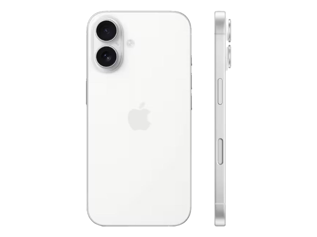 Vista frontal y trasera de un iPhone 16 color blanco con pantalla y cámara dual.