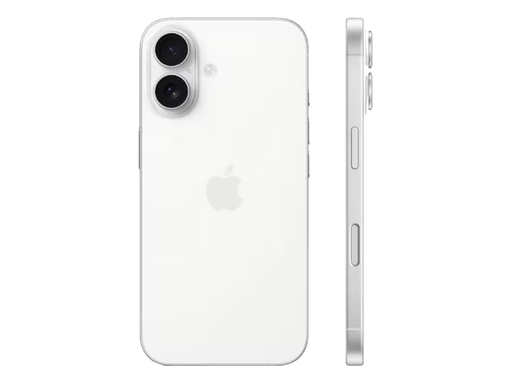 Vista frontal y trasera de un iPhone 16 color blanco con pantalla y cámara dual.