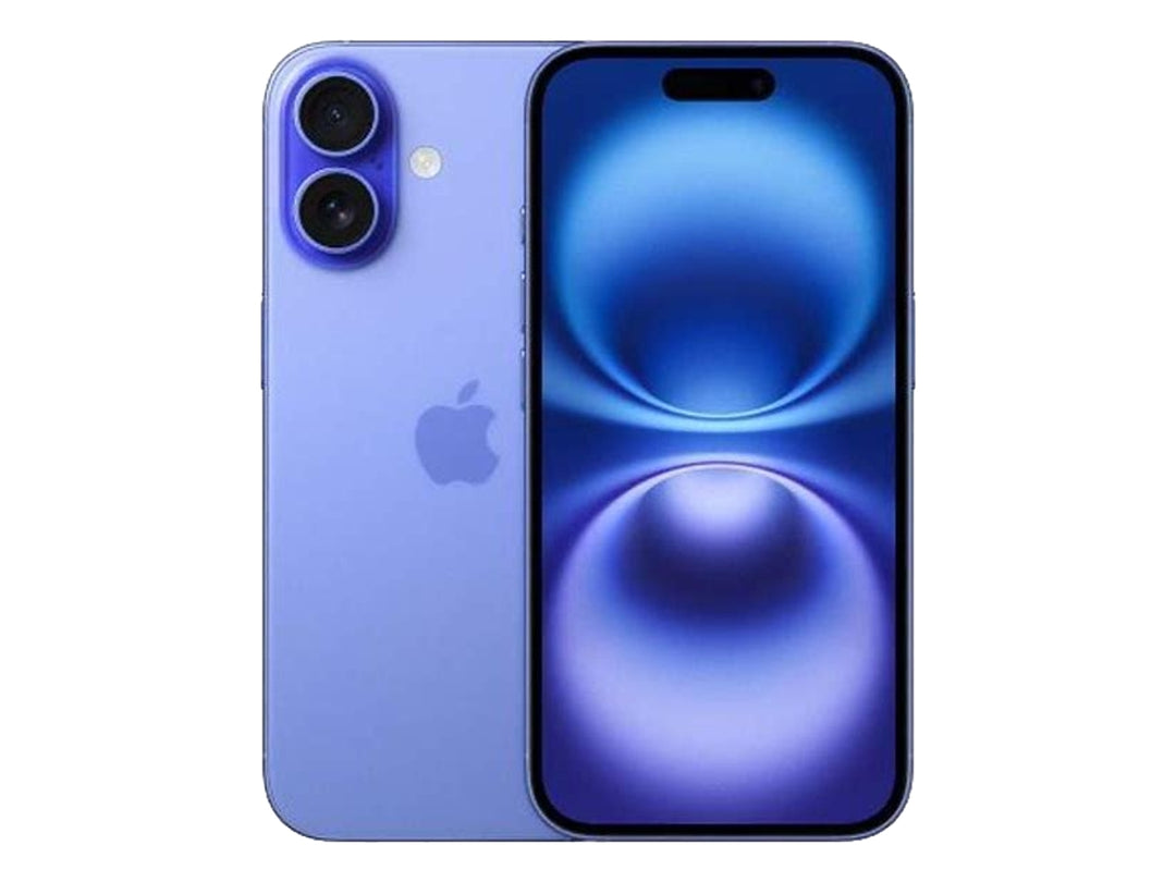 Vista frontal y trasera de un Apple iPhone 16 en color azul con pantalla encendida.