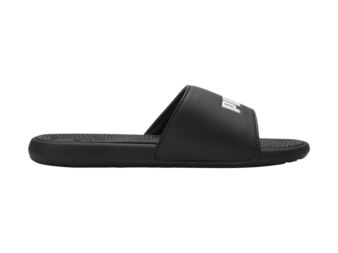 Sandalia PUMA Cool Cat 2.0 JR en color negro con logotipo blanco en la banda superior.