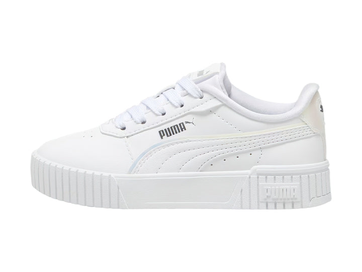 Tenis PUMA Carina 2.0 en color blanco con suela de plataforma y detalle plateado en el talón.