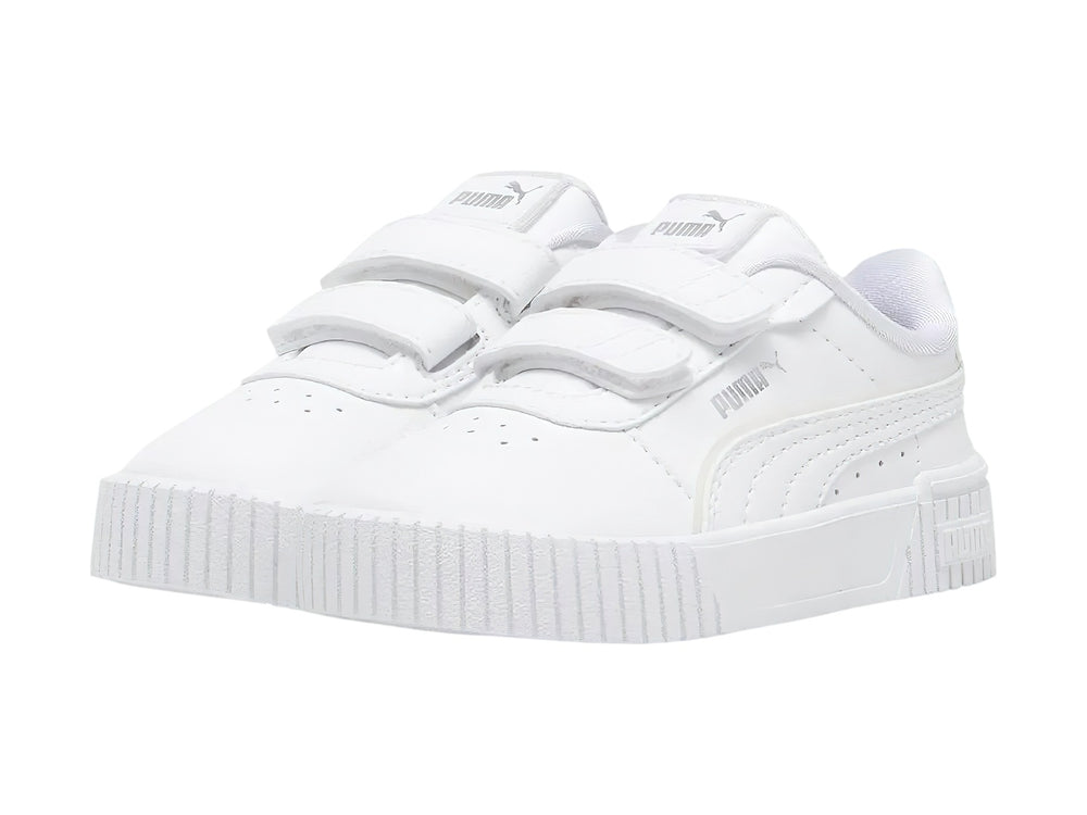 Tenis PUMA blancos para Niño o Niña con cierre de velcro y detalle holográfico en el talón.