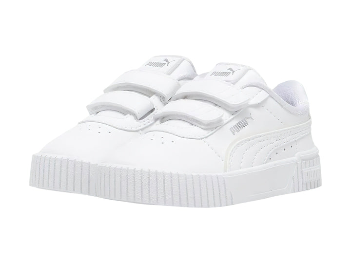 Tenis PUMA blancos para Niño o Niña con cierre de velcro y detalle holográfico en el talón.