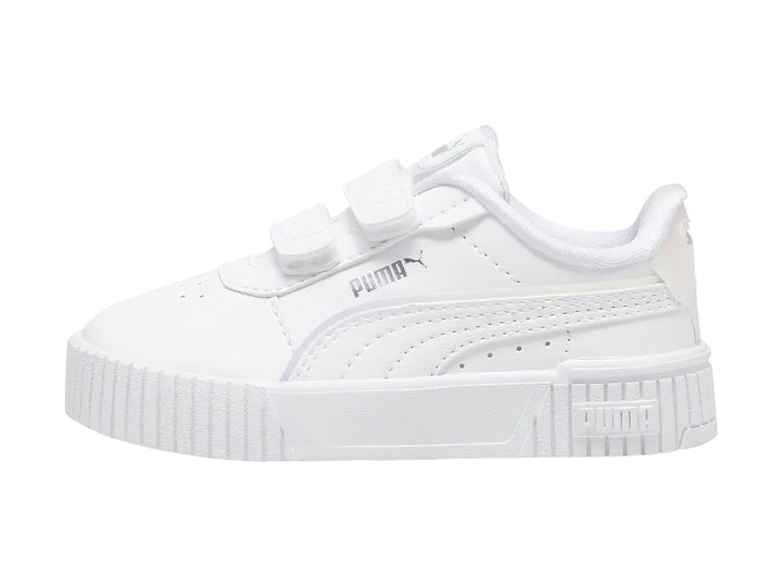 Tenis PUMA blancos para Niño o Niña con cierre de velcro y detalle holográfico en el talón.