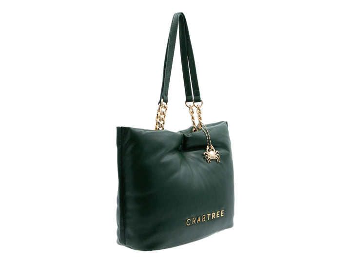 Bolso de hombro verde oscuro con detalles en dorado y diseño fruncido en la parte superior.