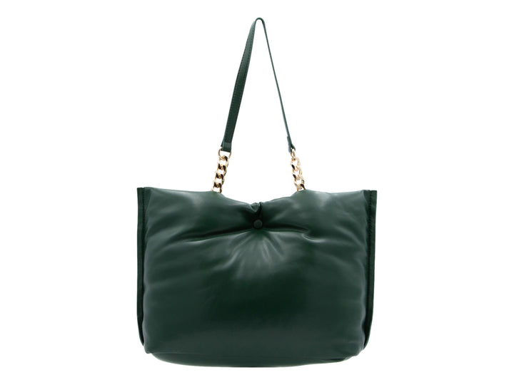 Bolso de hombro verde oscuro con detalles en dorado y diseño fruncido en la parte superior.