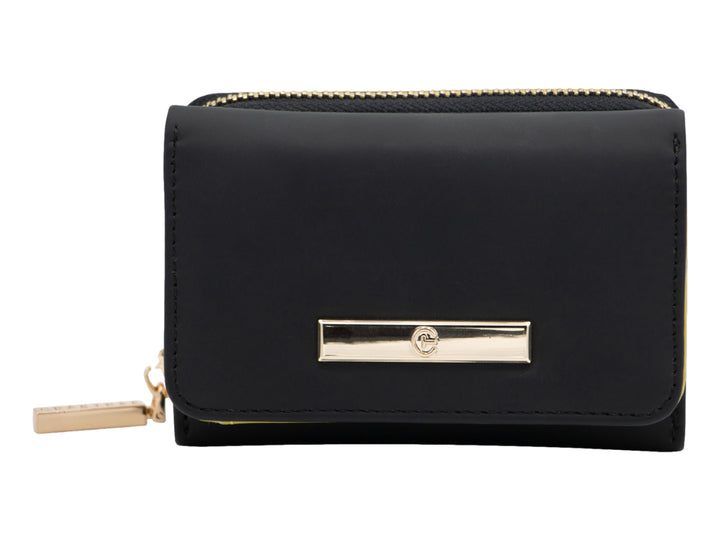 Bolso estilo cartera color negro con detalles y cierre en tono dorado, diseño rectangular y minimalista.
