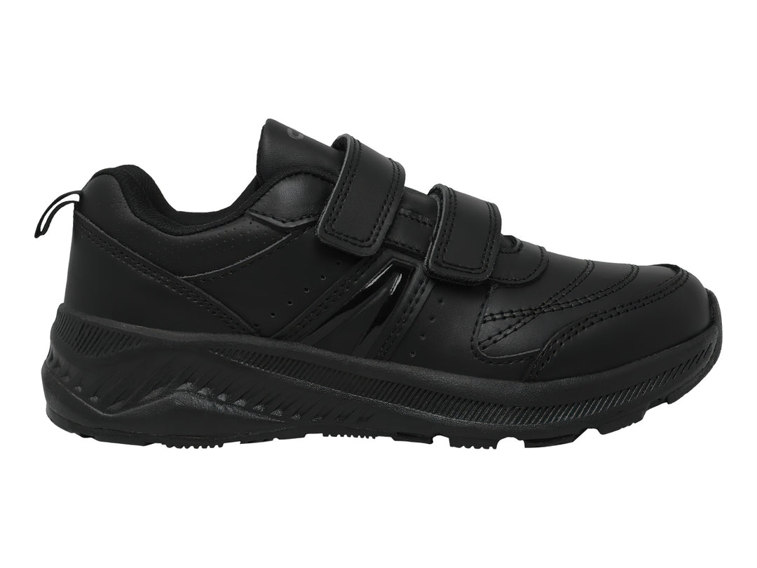 Zapato deportivo negro con cierres de velcro y suela gruesa.
