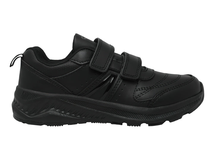 Zapato deportivo negro con cierres de velcro y suela gruesa.