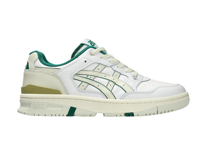 Tenis ASICS EX89 color blanco con detalles en verde y beige, diseño deportivo de corte bajo.