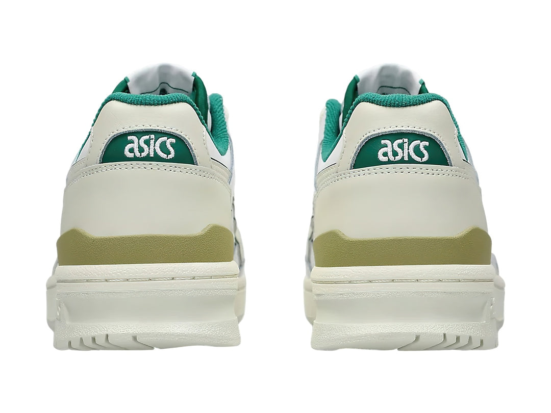 Tenis ASICS EX89 color blanco con detalles en verde y beige, diseño deportivo de corte bajo.
