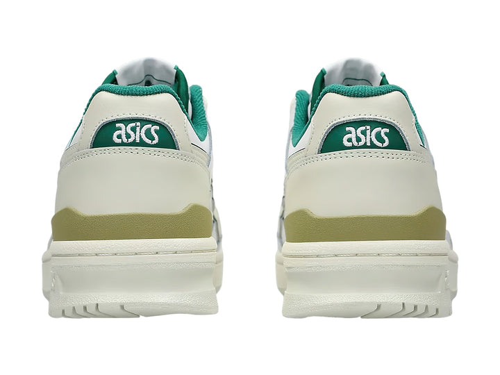 Tenis ASICS EX89 color blanco con detalles en verde y beige, diseño deportivo de corte bajo.
