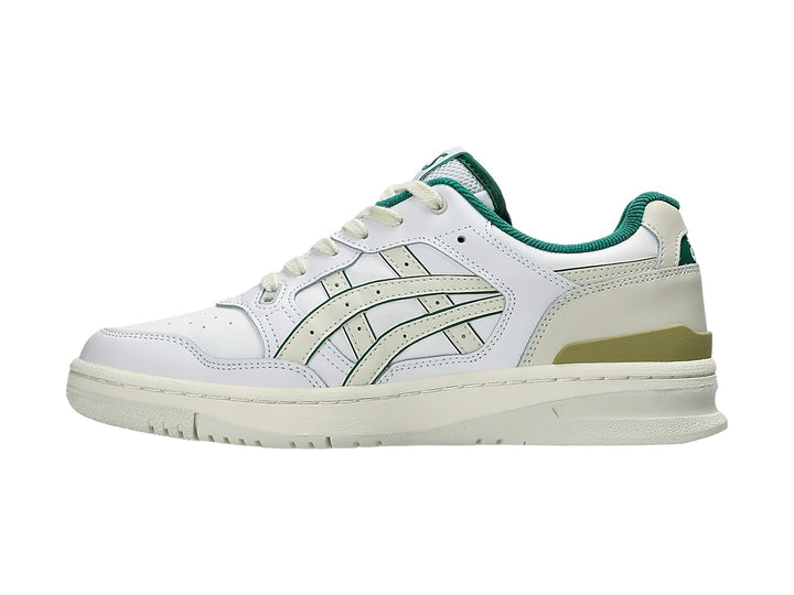 Tenis ASICS EX89 color blanco con detalles en verde y beige, diseño deportivo de corte bajo.