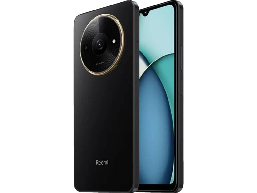Teléfono inteligente Xiaomi Redmi de color negro con módulo de cámara circular y detalles en dorado.