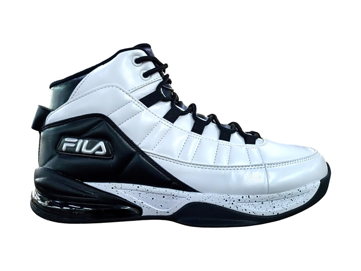 Tenis deportivos FILA de corte alto en colores blanco y negro con suela gruesa.