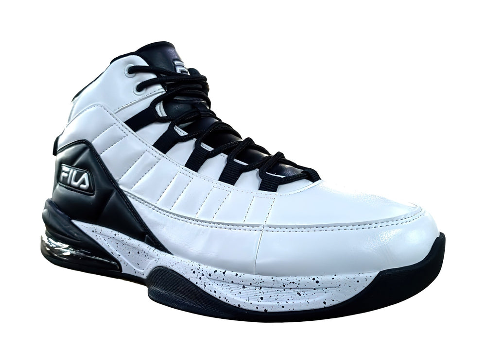 Tenis deportivos FILA de corte alto en colores blanco y negro con suela gruesa.