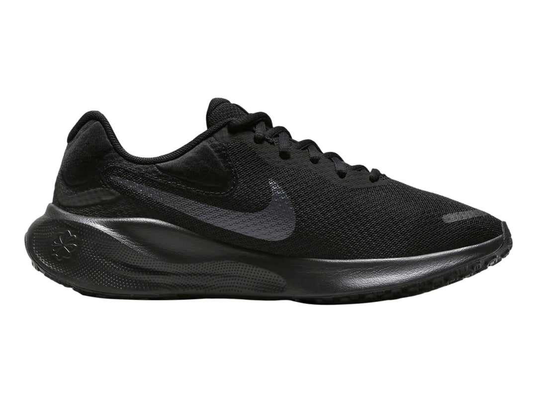Tenis deportivos Nike Revolution 7 en color negro sólido con suela a juego.