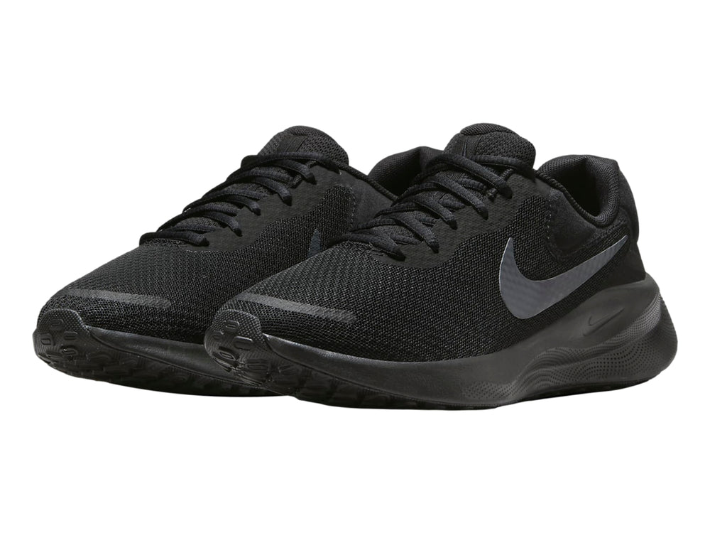Tenis deportivos Nike Revolution 7 en color negro sólido con suela a juego.