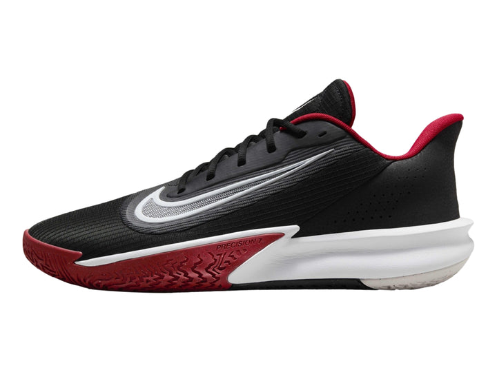 Tenis de baloncesto Nike Precision VII color negro con suela blanca y detalles en rojo.