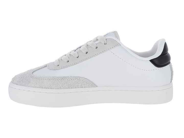 Tenis blancos Calvin Klein de corte bajo con punta gris y detalle negro en el talón.