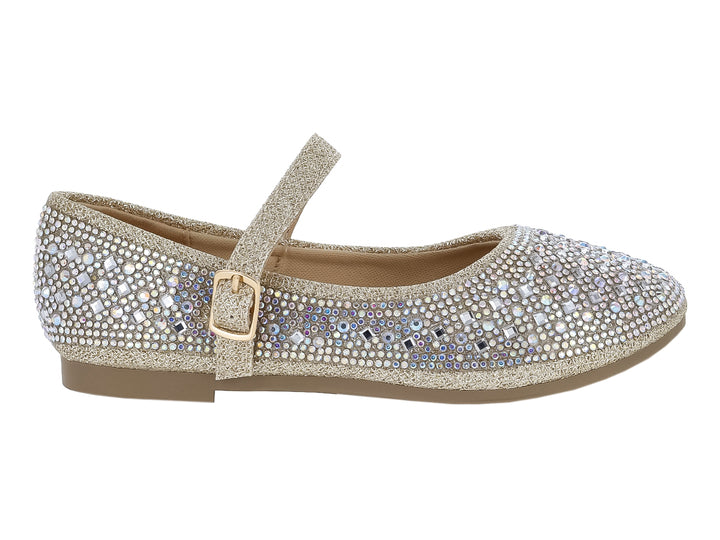 Zapato plano infantil color oro rosa con glitter y detalles de brillantes, con correa y hebilla.