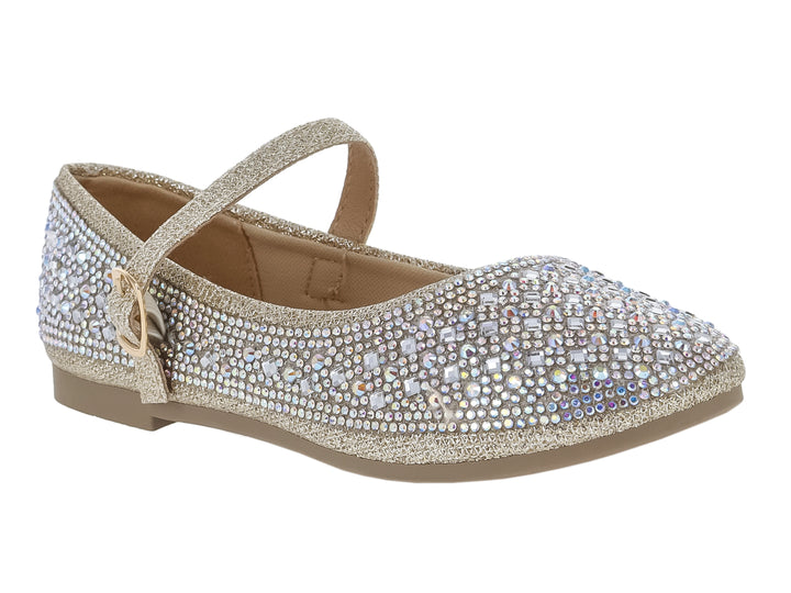 Zapato plano infantil color oro rosa con glitter y detalles de brillantes, con correa y hebilla.
