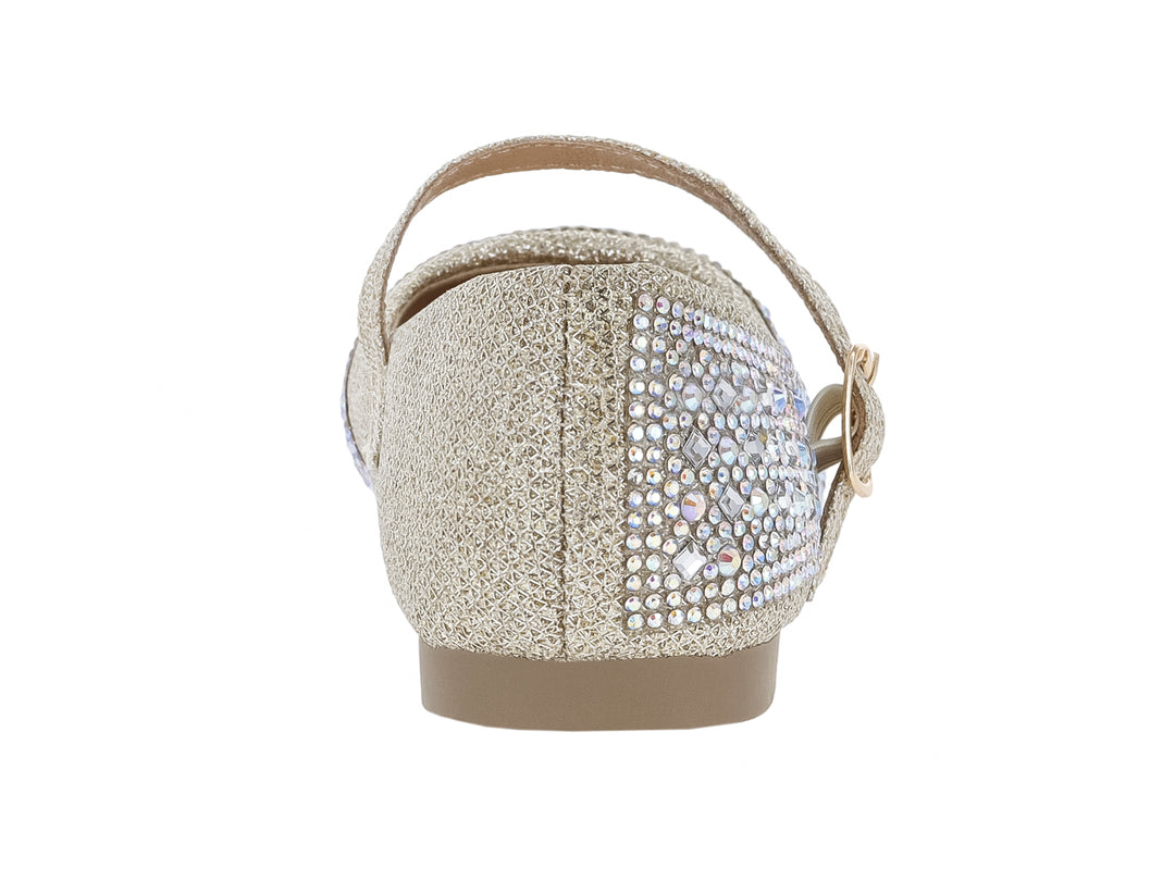 Zapato plano infantil color oro rosa con glitter y detalles de brillantes, con correa y hebilla.