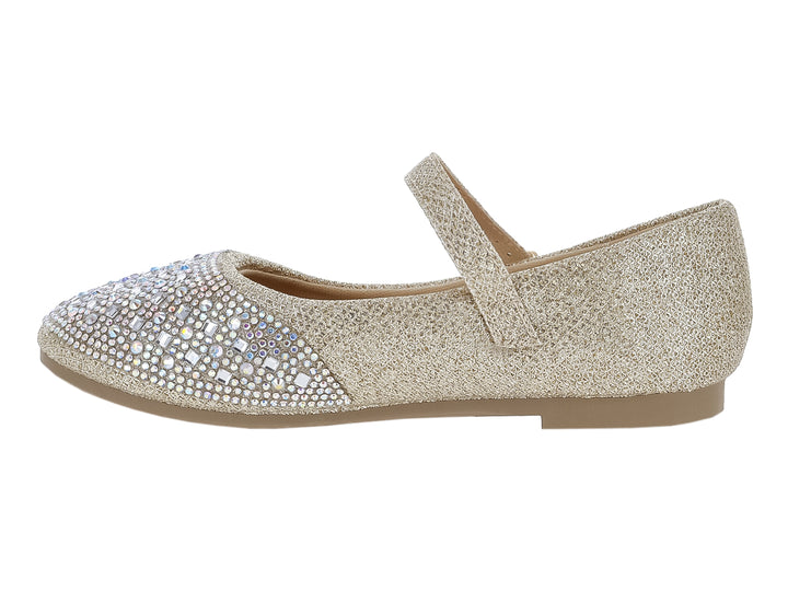 Zapato plano infantil color oro rosa con glitter y detalles de brillantes, con correa y hebilla.