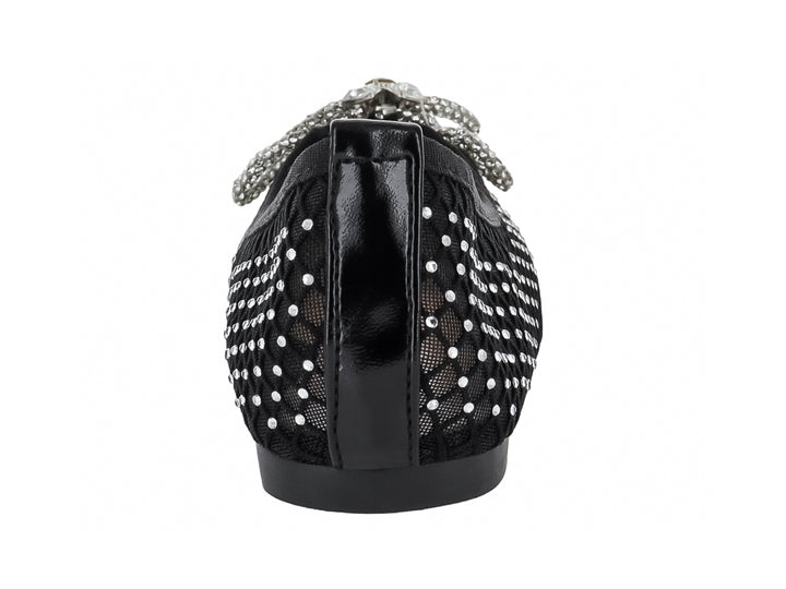 Zapato plano negro de malla con incrustaciones de brillantes y un moño decorativo en la punta.