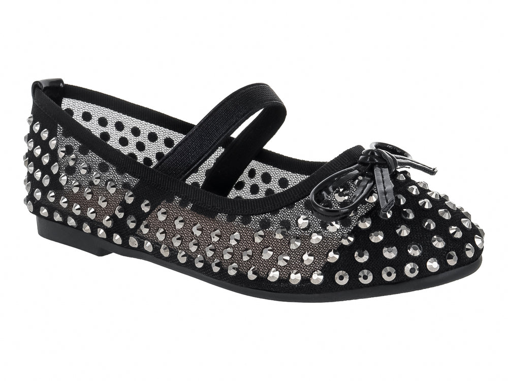 Zapato plano negro para niña con malla y detalles de pedrería plateada brillante y correa ajustable.