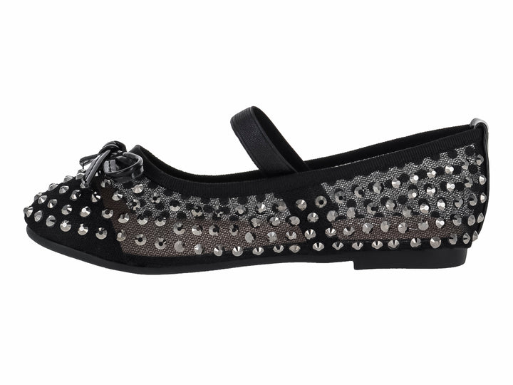 Zapato plano negro para niña con malla y detalles de pedrería plateada brillante y correa ajustable.