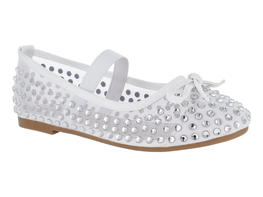 Zapatos planos blancos para niña con detalles de brillantes plateados, moño frontal y correa elástica.